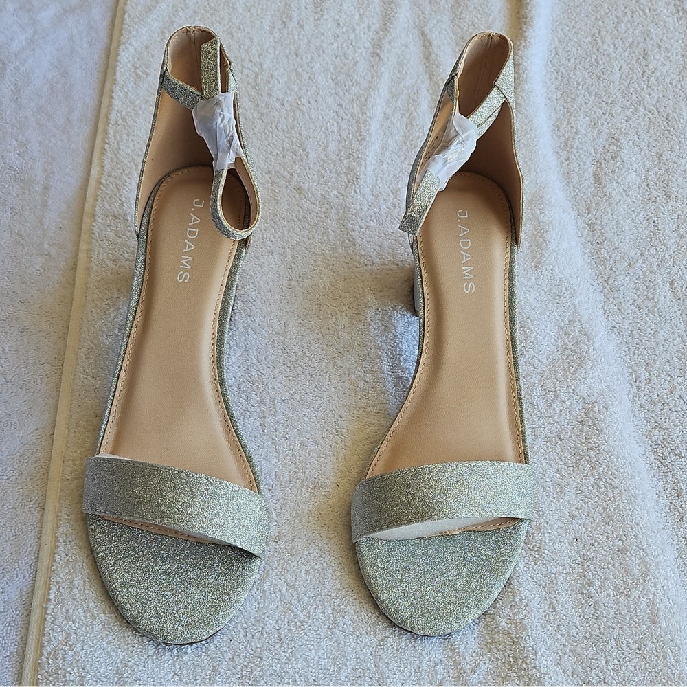 J.Adams Silver‎ Glitter Strappy Block Heel Ankle Strap Open Toe Buckle Size 9.5